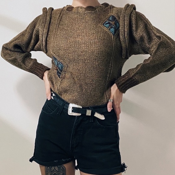 NEW Women’s Vintage Maori Bee Sweater Brown Leather Patchwork HandKnit - Picture 2 of 11